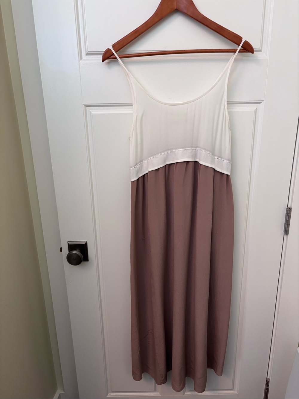 Wilfred Two-Tone 100% Silk Slip Maxi Dress in Cream & Taupe